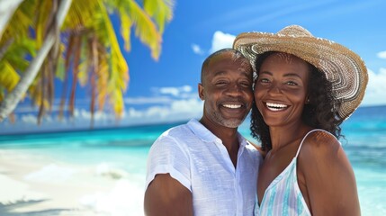 smiling african american couple embracing each other on the beach