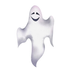A Halloween ghost with a face. Watercolor illustration hand painted. A frightening spirit, a monster. A cute Halloween character on a white background.