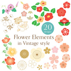 Set of hand drawn branch of flower with Japanese pattern vector. Oriental floral decoration with logo design, flyer or presentation in vintage style.