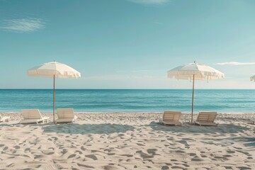Fototapeta premium Two beach umbrellas are set up on a sandy beach, with chairs underneath them