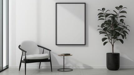 Blank picture frame mockup in minimalistic modern interior. Vertical template mock up for artwork, painting, photo or poster in interior design
