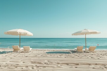 Fototapeta premium Two beach umbrellas are set up on a sandy beach