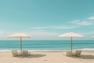 Fototapeta premium Two beach umbrellas are set up on the beach, with chairs underneath them