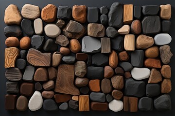 The picture showcases a variety of rocks, including brown rectangular bricks. These rocks can be used as building material or as flooring in art and architecture