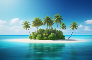 minimalistic tropical island with palm trees on water, large empty spac for text, ideal for travel, tourism, and beach vacation promotions, copyspace