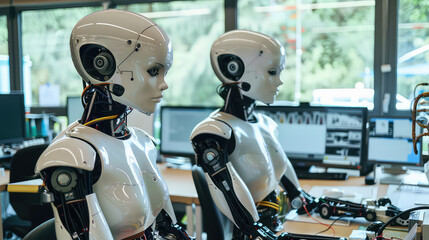 Two humanoid robots working at desks in an office generated with AI