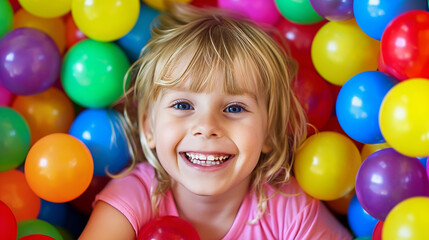 Obraz premium Blonde-haired girl exhibits delight while indulging in a multicolored ball pit game.