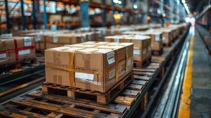 A photo of a warehouse with many boxes on shelves and a conveyor belt in the foreground.