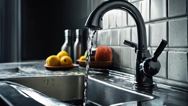 Water is pouring out of the kitchen sink. The concept of saving water
