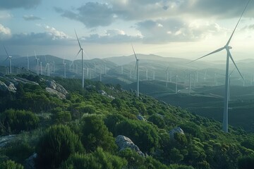 A wind turbine is on top of a mountain, surrounded by lush green grass