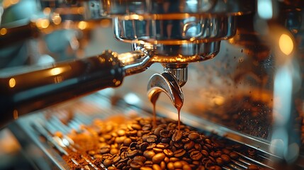 Detailed shot of a barista's hand adjusting the grind settings on a coffee grinder, showing the precision and care taken. Warm tones and soft shadows accentuate the process.