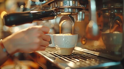 Detailed shot of a barista's hand holding a cup under the espresso machine, focusing on the positioning and readiness. Warm tones and soft shadows accentuate the scene.