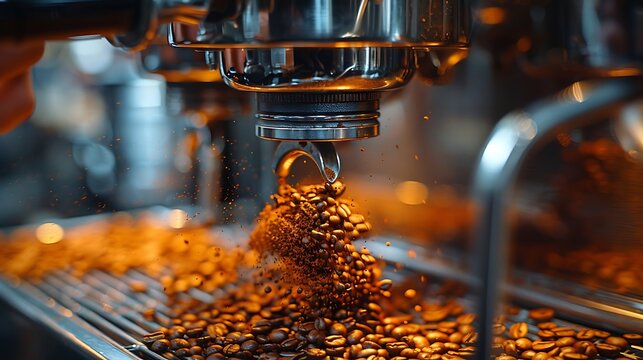 Detailed shot of a barista's hand adjusting the grind settings on a coffee grinder, showing the precision and care taken. Warm tones and soft shadows accentuate the process.