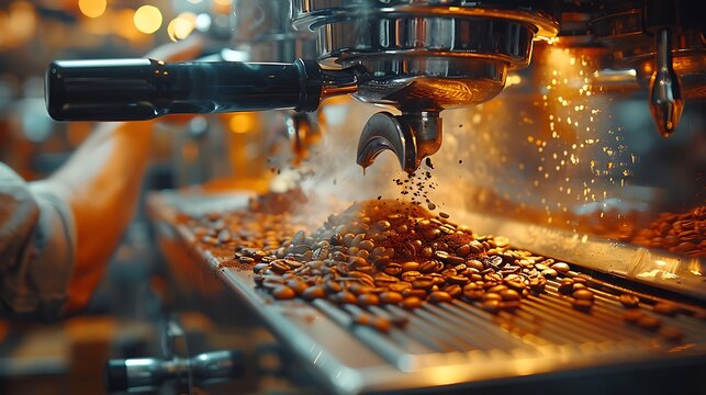 Detailed shot of a barista's hand adjusting the grind settings on a coffee grinder, showing the precision and care taken. Warm tones and soft shadows accentuate the process.