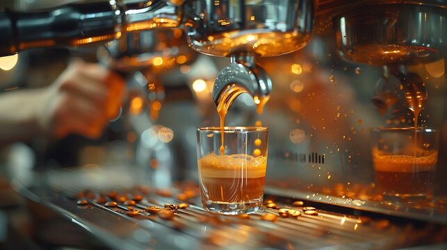 Detailed shot of a barista's hand cleaning the group head of an espresso machine, focusing on the hand movement and the reflective metal. Warm tones and soft shadows accentuate the cleaning process.