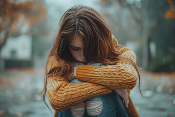 A student sitting in a corner of the schoolyard, head bowed and arms wrapped around their knees, representing the loneliness and despair felt by victims of bullying