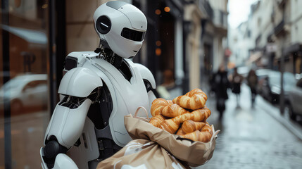 Robot delivering croissants in city street scene generated with AI