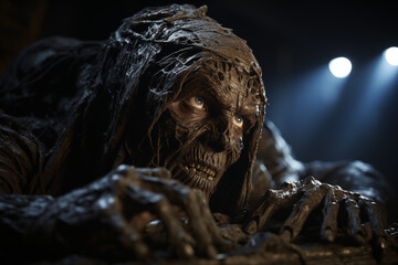 A Mummy Emerging From A Dusty Sarcophagus In A Spooky Tomb