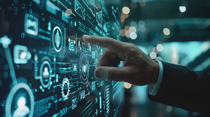 Digital marketing, Global business, IoT Internet of Things, business strategy concept. Businessman touching on global network with technology icons