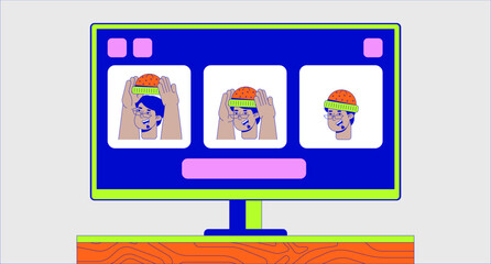 Arab male fashion blogger wearing hat on stream 2D linear illustration concept. Video lesson on computer monitor cartoon scene background. Internet metaphor abstract flat vector graphic