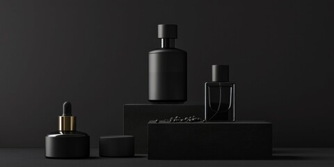 Minimalist online Black Friday marketing poster with a modern, balanced composition and realistic graphic representations of perfume bottles on a black background
