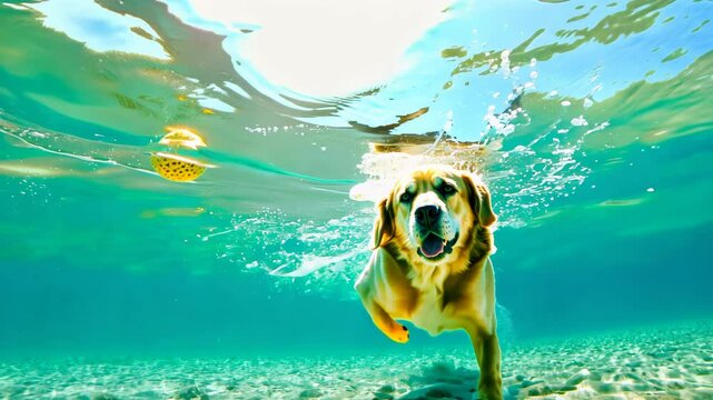 Golden retriever swims underwater, chasing tennis ball with wide grin. Clear blue water surrounds eager dog. Bubbles rise from enthusiastic pursuit. 