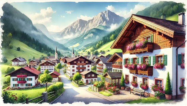 Alpbach village with alpine houses, flower boxes, lush green valley, and towering mountains, clear sky.