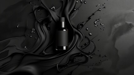 Minimalistic Black Friday retail advertisement with dynamic graphic elements and realistic perfume bottle designs against a sleek black background