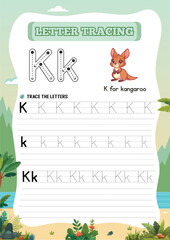 Animal letter tracing worksheet for kids Kk