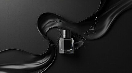 Minimalistic Black Friday retail advertisement with dynamic graphic elements and realistic perfume bottle designs against a sleek black background