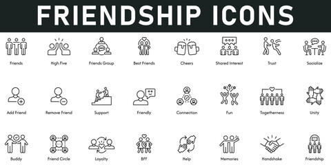 Friendship Icons vector illustration with thin line editable stroke contains high five, best friends, cheers, trust, support, friendly, connection, togetherness, unity, handshake, help, friend circle