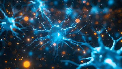 Blue neurons glowing white and orange particles background Biological Cells Research Concept