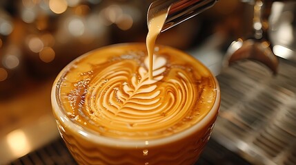 Detailed shot of latte art being crafted, focusing on the barista's skilled hand and the swirling milk creating a beautiful pattern. Warm tones and soft shadows accentuate the process.