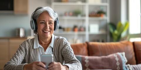 Senior woman with cellphone, streaming music, radio, video call, and podcast at home with headphones. Adult woman, woman, or smartphone with headset, audio, and network capabilities