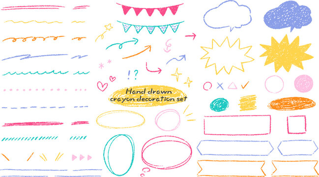 Crayon or colored pencil decorations, borders, embellishments, colorful cute hand-drawn illustration set / クレヨンや色鉛筆の装飾や飾り罫、あしらい、カラフルなかわいい手描きのイラストセット