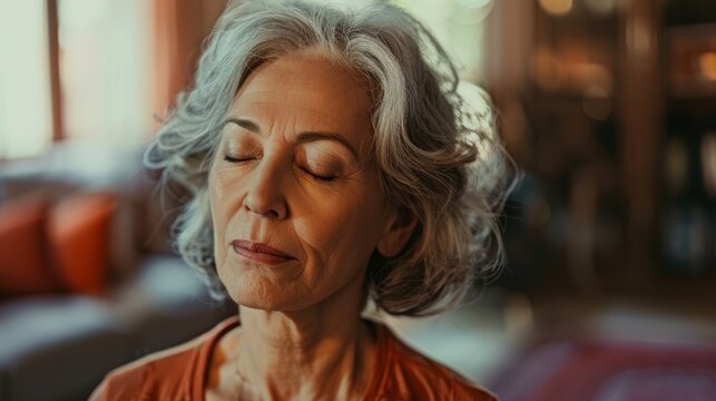 Senior woman doing yoga and breathing on a mockup for home zen meditation. Elderly female breathe in relax for healthy meditating, fitness or awareness and stress relief