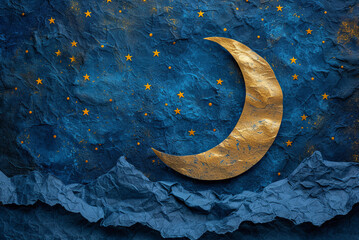 Paper crescent moon and stars in the night sky - obrazy, fototapety, plakaty