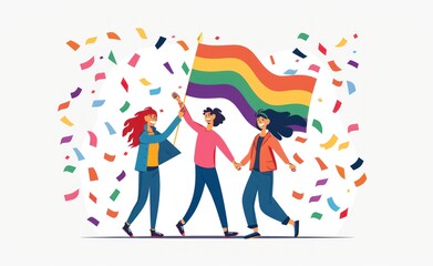 Pride Day-themed illustration of three people holding a rainbow flag and celebrating with confetti. Generative ai
