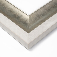 A close up of an art picture frame moulding on a white isolated background