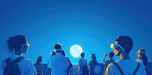 Naklejka premium People wearing protective glasses watching a total solar eclipse at night, enjoying a celestial event. Generative ai