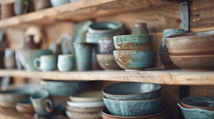 Artist store and production startup with pottery backgrounds, ceramics, and bowls. Pottery market, workshop collecting and display, small business and craft store items closer.