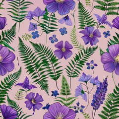 seamless pattern of small violets and ferns, Generative AI