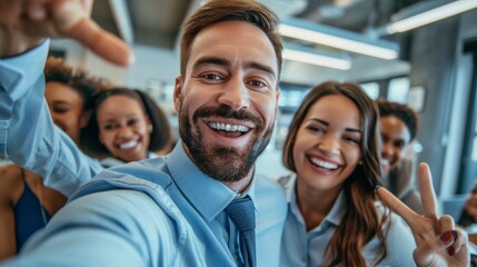 Fototapeta premium Corporate diversity, staff peace symbol, virtual coworking, and selfies. Profile photo: happy corporate pals, professional influencers, or employees
