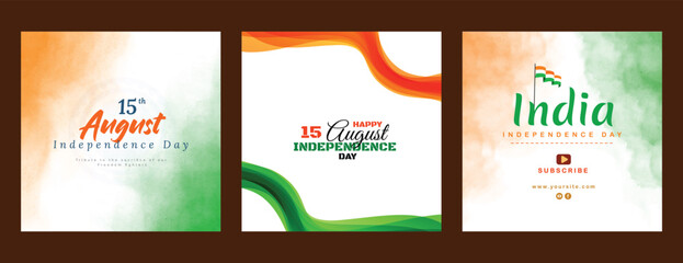 vector illustration of 15th August india Happy Independence Day social media three post design with abstract grunge watercolor background