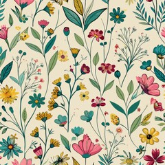 seamless pattern of small wildflowers and stems, Generative AI