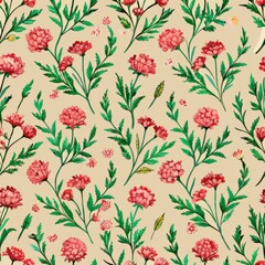 seamless pattern of tiny carnations and foliage, Generative AI