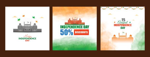vector illustration of 15th August india Happy Independence Day social media three post design with abstract grunge watercolor background