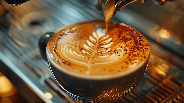 Detailed view of latte art being crafted, capturing the barista's skillful pouring technique and the intricate designs forming. Warm, soft lighting creating a cozy atmosphere,