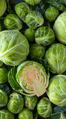 Obraz premium A bunch of green cabbage with one of them cut in half