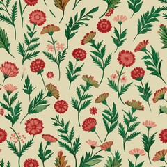 seamless pattern of tiny carnations and foliage, Generative AI